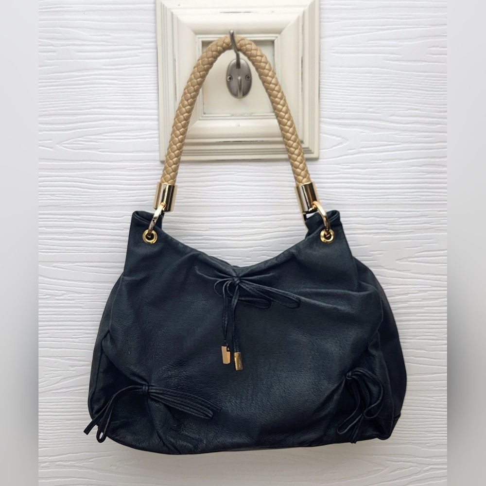 GIANNI BINI BLACK/BLUE LEATHER SHOULDER TOTE SATCHEL SLOUCH PURSE BAG